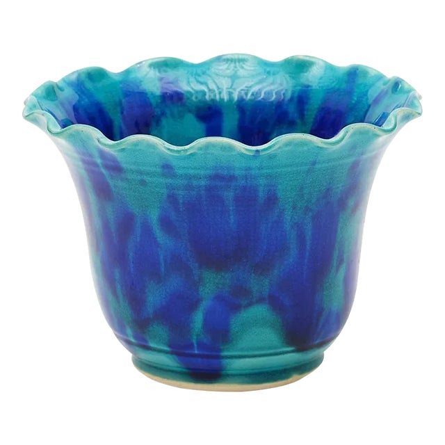 Bunny Williams Home Wide Mouth Ruffle Vase, Turquoise/Blue - 5"H For Sale