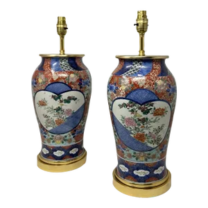 Antique Pair Japanese Chinese Imari Porcelain Ormolu Table Lamps Blue Red Gilt