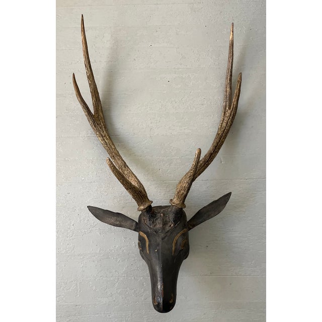 Baroque Antique 19th Century Folk Art Carved Wood Black Forest Baroque Deer Head & Antlers Wall Trophy For Sale - Image 3 of 12