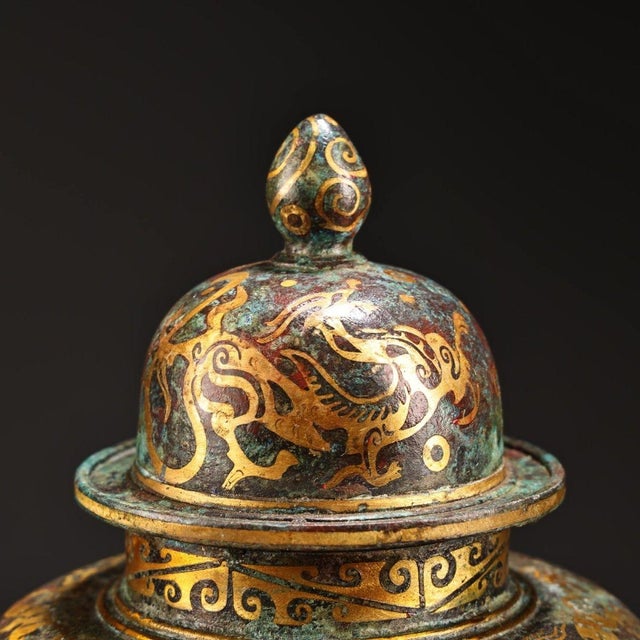 Asian Bronze Ginger Jar With Gold & Silver Inlay - Archaic Lidded Urn For Sale - Image 3 of 9