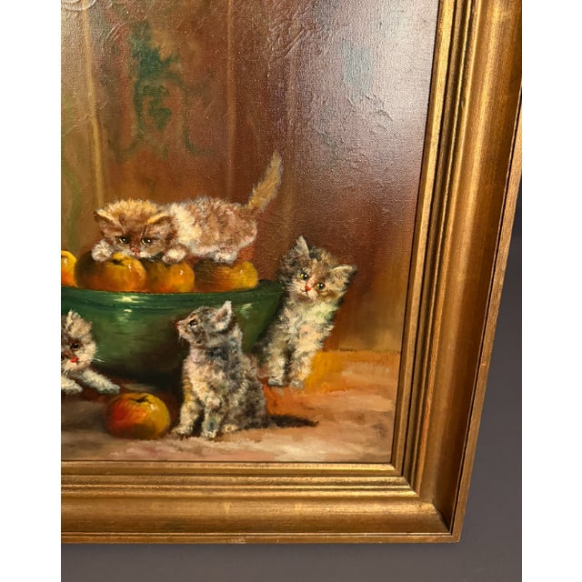 European Oil on Canvas Still Life With Kittens, Fruit and Bottles, Signed De Beer, Circa 1940 For Sale - Image 4 of 15