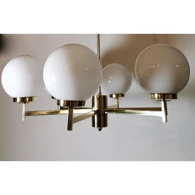 Stilnovo Italian Vintage Brass Chandelier, Opaline Glass Spheres For Sale - Image 4 of 13
