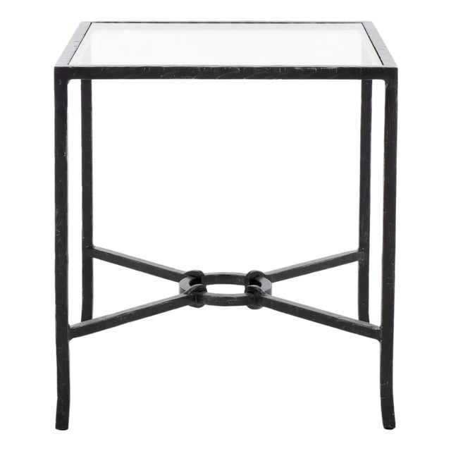 Tauri Metal Square Accent Table in Black with Glass Top For Sale