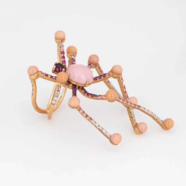 Vasari 18k Yellow Gold Pink Opal Diamond Rubellite Spider Ring Size 6.5 For Sale - Image 4 of 7