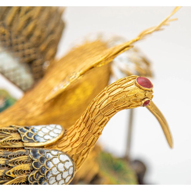 Vintage Chinese Metal Gilt Filigree and Enamel Cranes Figures on Wooden Stand For Sale - Image 9 of 12