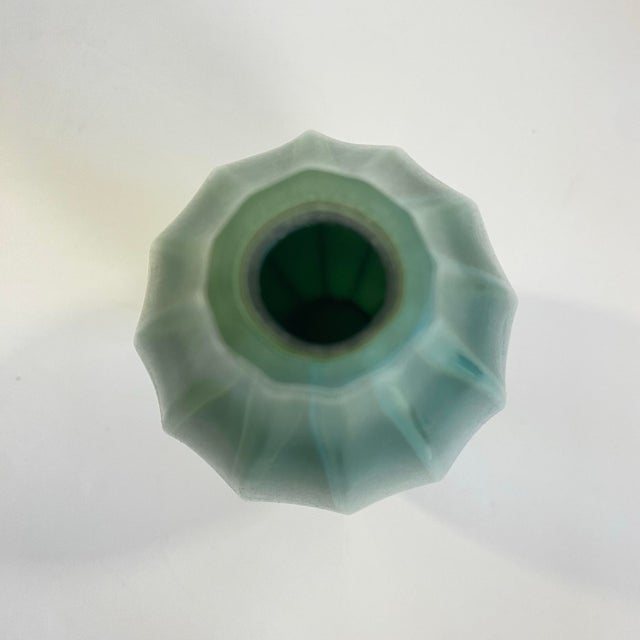 Vintage Art Deco Green Glass Oblong Fluted Vase For Sale - Image 4 of 5