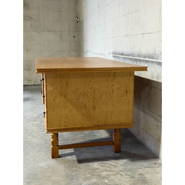 In Style of Henning Kjærnulf Oak Executive Desk With 6 Drawers Open Bookshelf Denmark Mid-Century Modern 1960s For Sale - Image 10 of 13