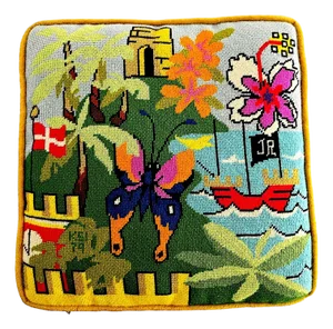 Vintage Square Needlepoint Pillow With Butterfly, Danish Flag, Pirate Ship
