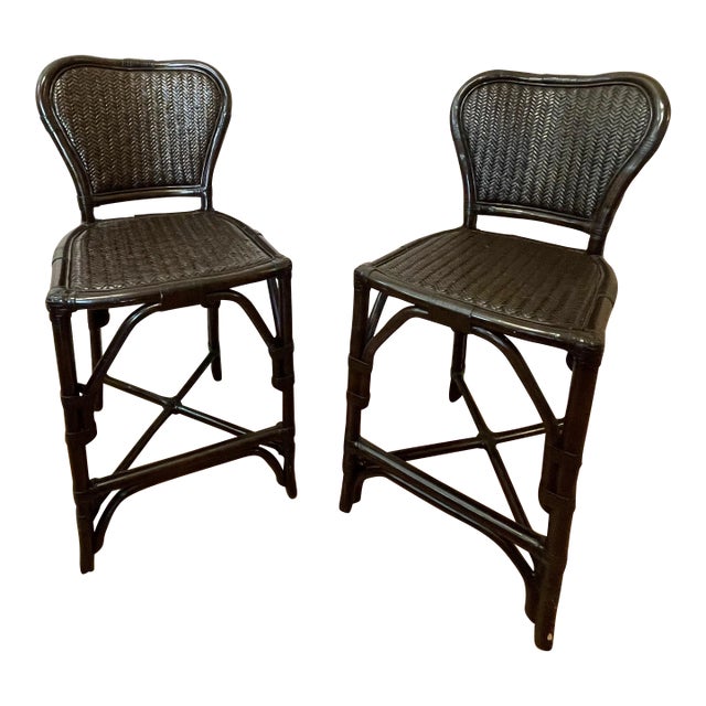 Late 20th Century Black Rattan Counter Stools - a Pair For Sale