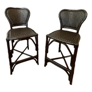Late 20th Century Black Rattan Counter Stools - a Pair