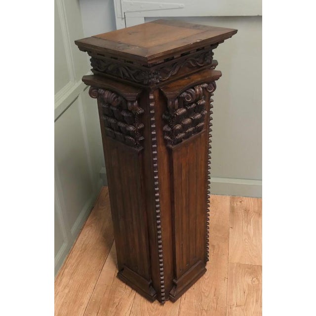 French Carved Oak Column Display Pedestal The pedestal is square in shape, the top has a 14” x 17” plinth so it is ideal...