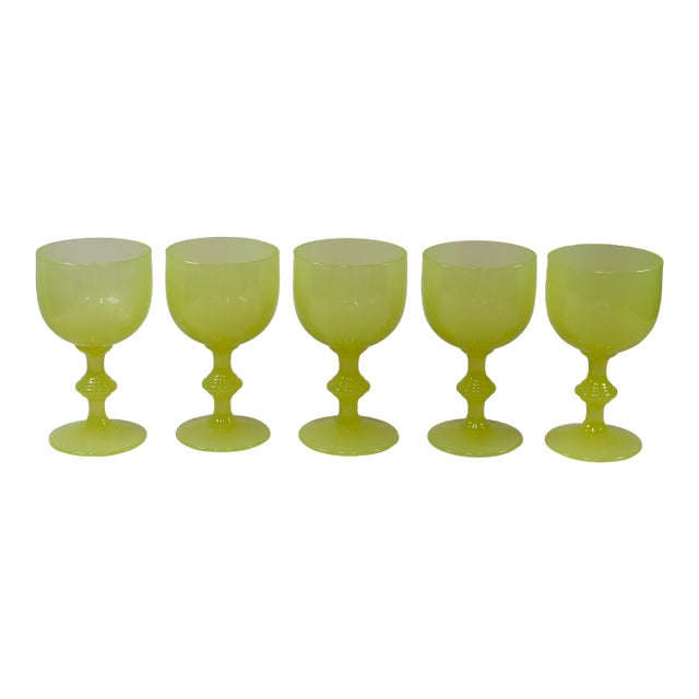 1930s Rare French Yellow Opaline Wine Glasses Attributed to Portieux Vallerysthal - Set of 5 For Sale