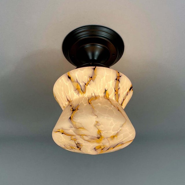 Art Deco Pale Rose Marbled Opaline Glass and Burnished Flush Mount, Germany, 1930s For Sale - Image 6 of 18