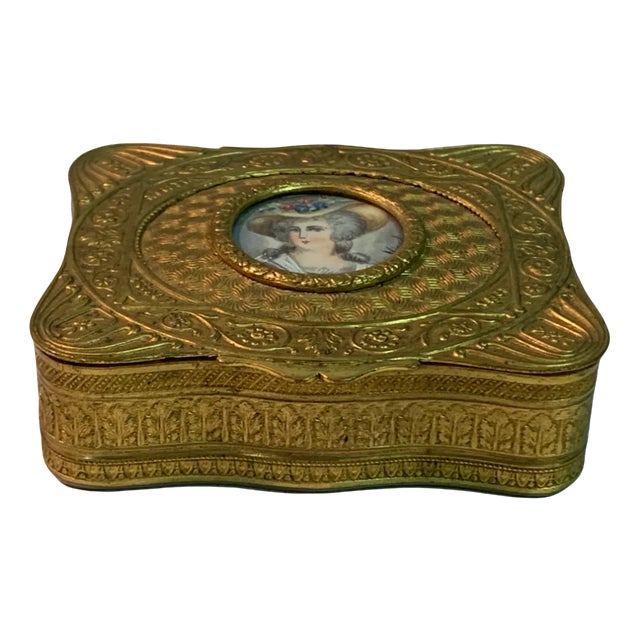 Golden Bronze Box with Lady Miniature For Sale