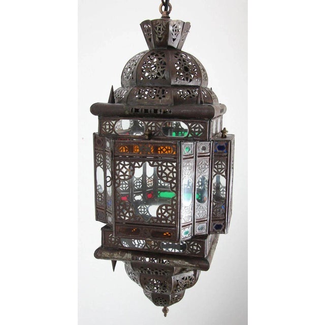 Moroccan Vintage Moroccan Handcrafted Lantern Ceiling Light With Multi-Color Glass For Sale - Image 3 of 12