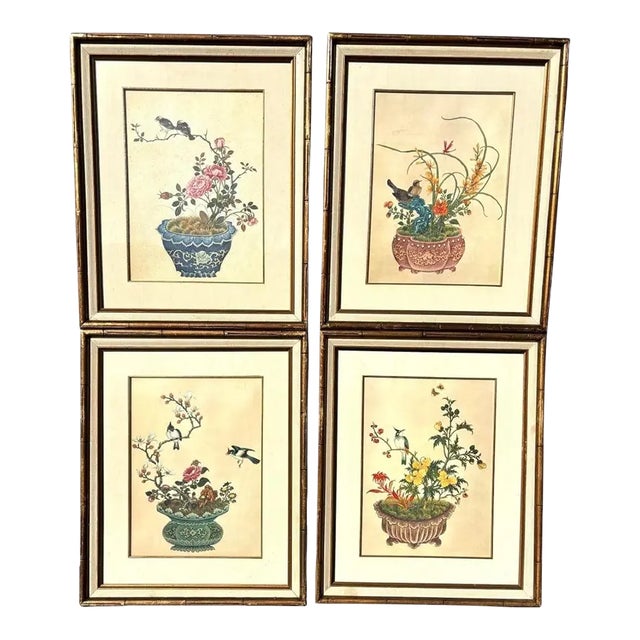 Antique Original Polychrome Chinese Etchings, Set of 4 For Sale