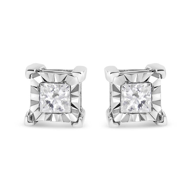Contemporary .925 Sterling Silver 1/4 Cttw Miracle Set Princess-Cut Diamond Solitaire Stud Earrings, A Pair For Sale - Image 3 of 6