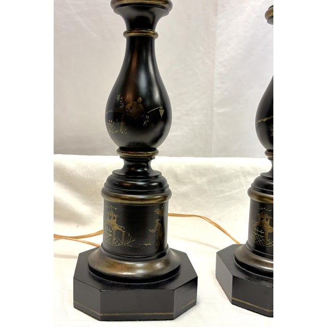 Late 20th Century Vintage Wood Table Lamps With Gold Painted Chinoiserie Designs- A Pair For Sale - Image 5 of 15
