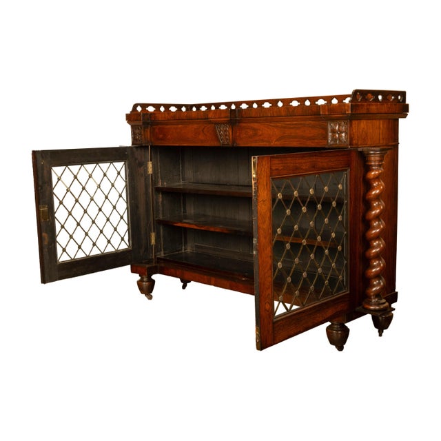 Wood Antique Scottish Regency Rosewood Credenza Barley Twist & Brass Grilles Bookcase For Sale - Image 7 of 15