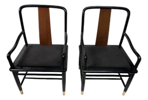 1980s Henredon Chinoiserie Inspired Black Lacquer Asian Cane Back Armchairs