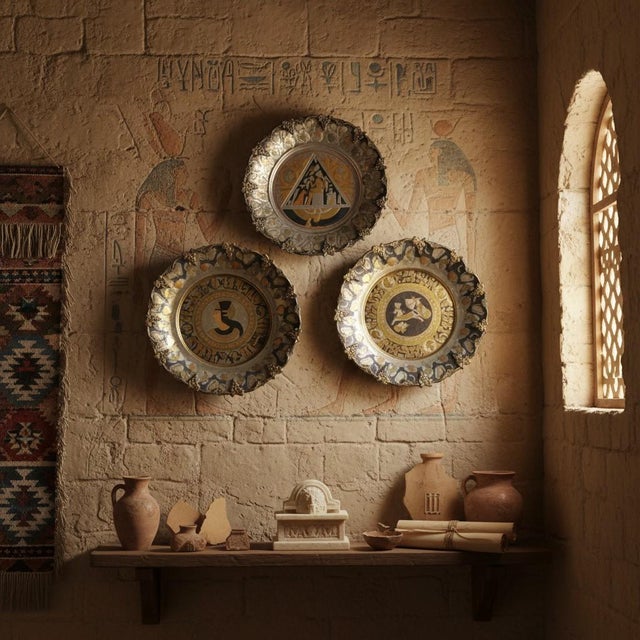 This vintage set of three Egyptian metal wall plates features finely etched scenes inspired by ancient art—pharaohs,...