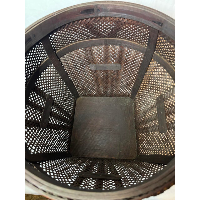 Vintage Chinese Woven Bamboo Rattan Storage Basket Side Table Brass Accent For Sale - Image 10 of 12