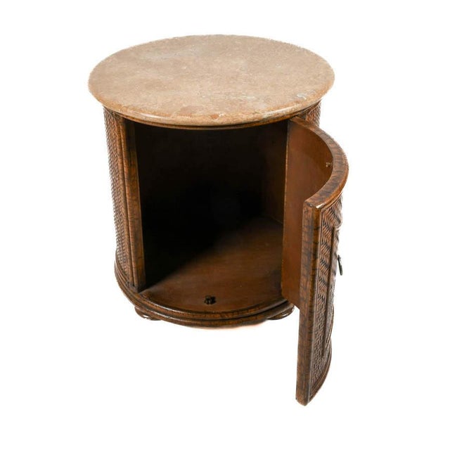 Woven Bamboo Cylinder Side Table With Travertine Top, Coastal Organic Style For Sale - Image 4 of 7