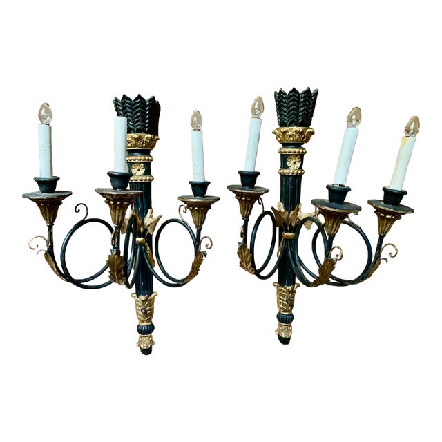 Pair Neoclassic Italian Carved Wood Iron Black Gold Painted Arrow Wall Sconces For Sale