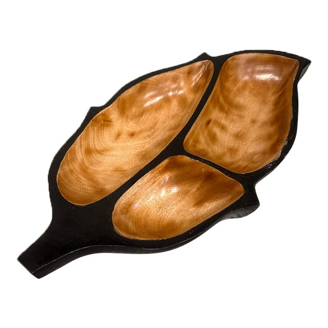 Three Section Carved Wood Decorative Bowl For Sale