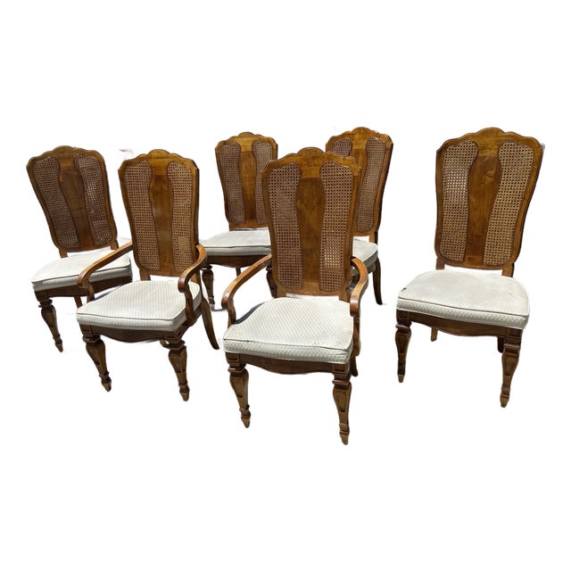 1990s American of Martinsville Campaign Light Wood & Cane Dining Chairs For Sale