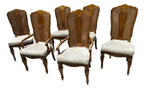 1990s American of Martinsville Campaign Light Wood & Cane Dining Chairs