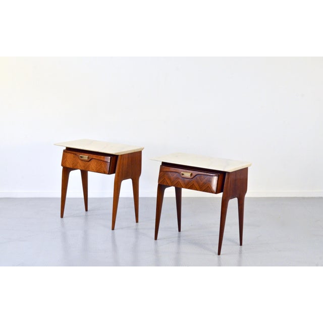 Italian Walnut and Carrara Marble Nightstands, 1960s, Set of 2 For Sale - Image 4 of 13