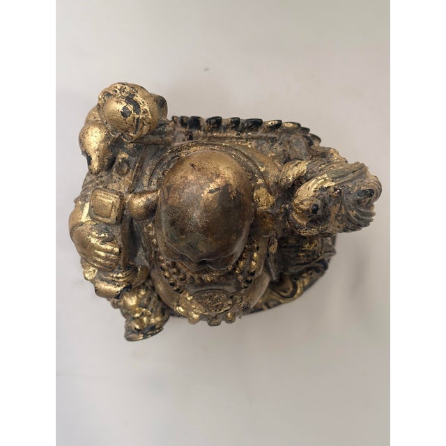 Late 20th Century Chinoiserie Gilded "Faux Bronze" Laughing Buddha Statue on Wooden Base For Sale - Image 11 of 11