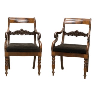 Biedermeier Armchairs in Mahogany Palm with Floral Carvings, 1800s, Set of 2 For Sale