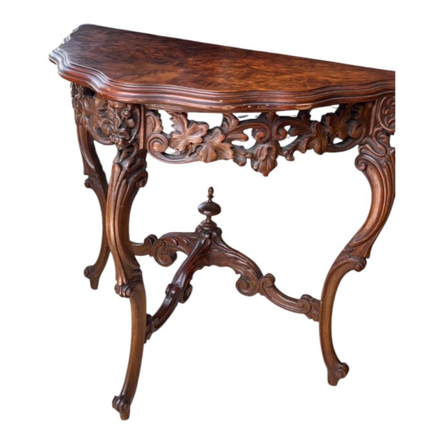 Pair of Antique Rococo Revival Carved Walnut Burl Veneer Half Round Moon Tables For Sale - Image 4 of 12