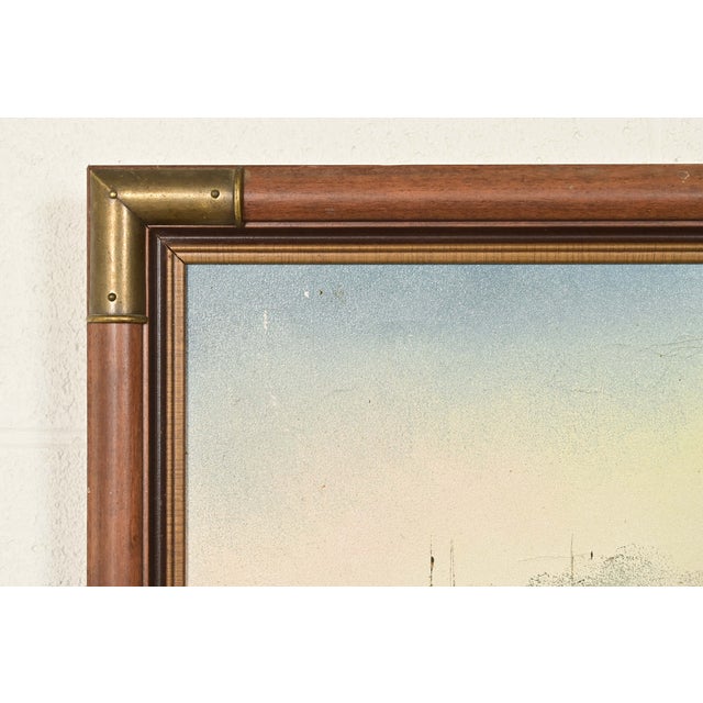 Mid 20th Century Original Artist Signed ‘Seaside Harbor’ Acrylic Painting in Carved Walnut and Brass Frame For Sale - Image 5 of 12