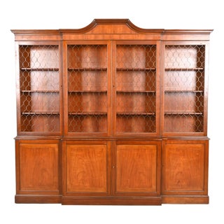 Baker Furniture Georgian Monumental Carved Cherry Wood Breakfront Bookcase Cabinet, Circa 1960s For Sale