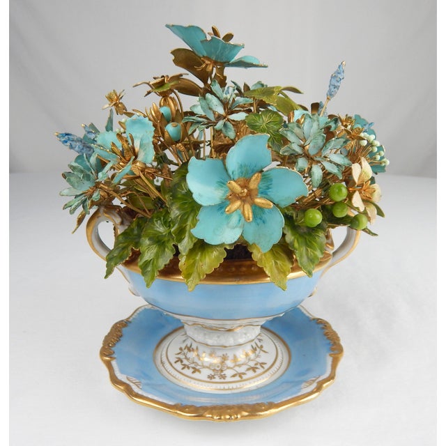 Rare Fleurs Des Siècles enamel floral bouquet delicately set in a blue porcelain cachepot attributed to Jane Hutcheson for...