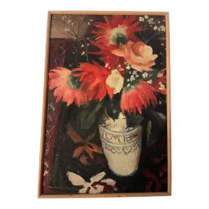 Oil on Painting on Wood Bouquet of Flowers in Chinese Pot Signed Antoine Martinez 1960 France