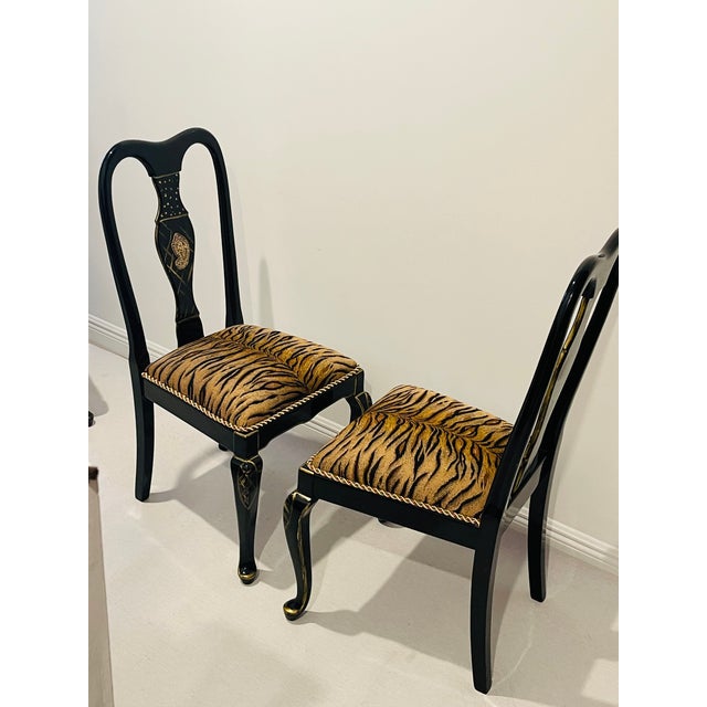 Mid-Century Modern Gorgeous Anglo Indian Style Chairs Black Lacquer TigerBrocade For Sale - Image 3 of 14