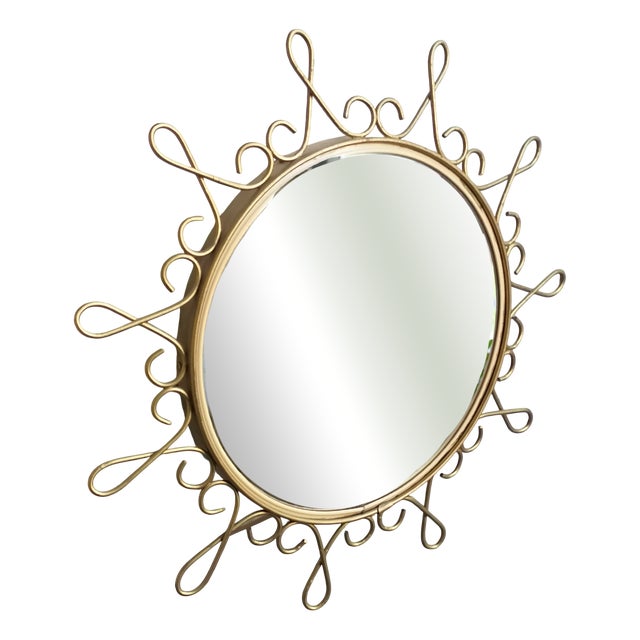 Vintage Gold Metal Butler Mirror with Convex Sunburst Effect, 1970s For Sale