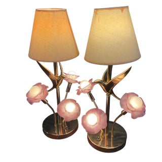 1970s Hollywood Regency Brass Dove & Floral Table Lamps - a Pair For Sale