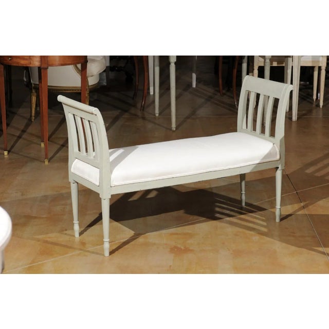 Italian 1890s Painted Wood Classical Bench with Scrolling Arms and Upholstery For Sale - Image 12 of 12