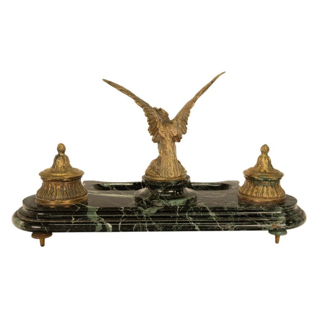 Antique 19thC French Empire Gilt Bronze Marble Eagle Desk Set Twin Inkwell 1880 For Sale - Image 10 of 16
