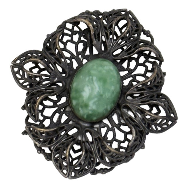 Vintage 1960s Victorian Revival Filigree Floral Brooch Green Cabochon Statement Pin For Sale