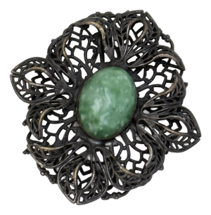 Vintage 1960s Victorian Revival Filigree Floral Brooch Green Cabochon Statement Pin
