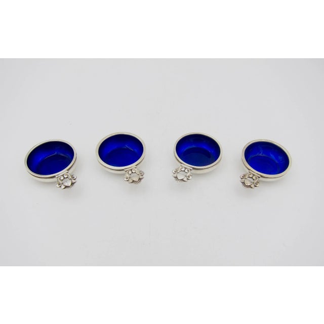 Arts & Crafts Vintage Georg Jensen Sterling Silver Acorn Salt Cellars With Blue Enamel Set- 4 Pieces For Sale - Image 3 of 9