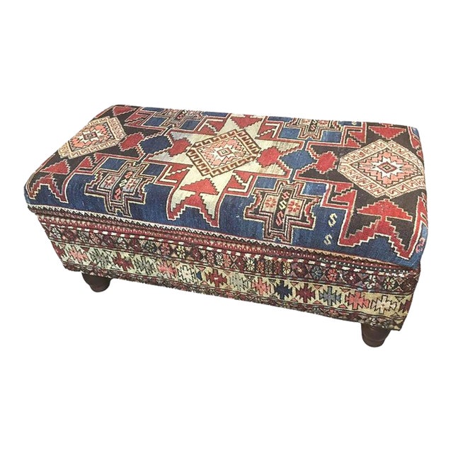 Storage Box Bench Upholstered With an Antique Hand Knotted Woolen Shirvan Carpet For Sale