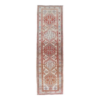 Antique Hand-Knotted Sarab Runner With Sub-Geometric Design in Red, Blue & Ivory 3'0 X 10'5 For Sale