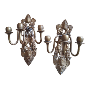 19thc French Antique Louis XVI Heavy Bronze Cherubs Cavorting Wall Sconces/ Original Unelectrified - A - Pair